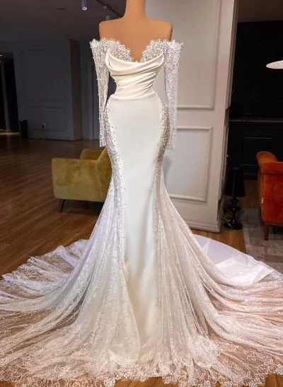 Lace Long Sleeves Off-The-Shoulder Trumpet/Mermaid Wedding Dresses With Pearl