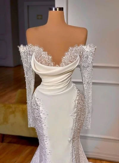 Lace Long Sleeves Off-The-Shoulder Trumpet/Mermaid Wedding Dresses With Pearl