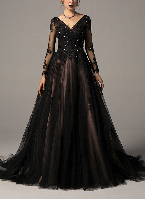 A-Line V-Neck Long Sleeves Sweep Train Lace/Tulle Black Wedding Dresses
