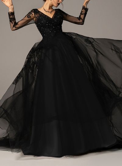 A-Line V-Neck Long Sleeves Sweep Train Lace/Tulle Black Wedding Dresses