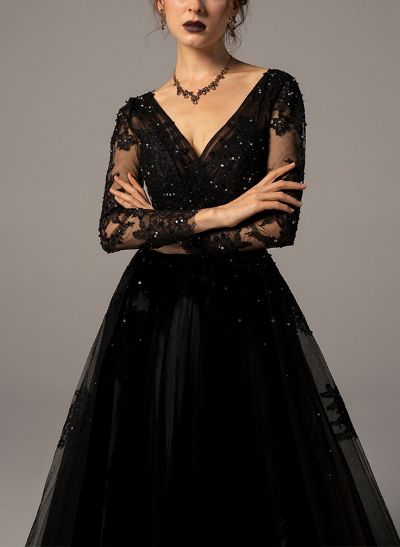 A-Line V-Neck Long Sleeves Sweep Train Lace/Tulle Black Wedding Dresses