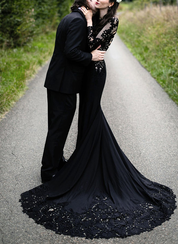 Trumpet/Mermaid Scoop Neck Long Sleeves Lace/Satin Black Wedding Dresses