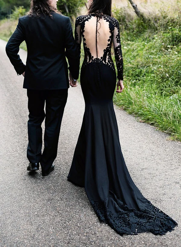 Missacc Black Bride Trumpet/Mermaid Scoop Neck Long Sleeves Court Train Lace/Satin Wedding Dresses