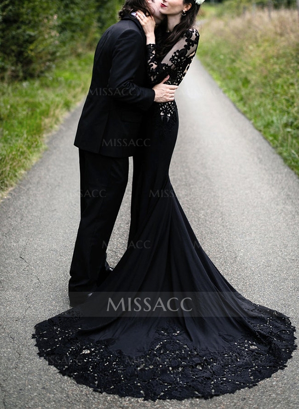 Trumpet/Mermaid Scoop Neck Long Sleeves Lace/Satin Black Wedding Dresses