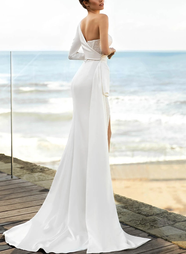 Sheath/Column One-Shoulder Long Sleeves Wedding Dresses With Split Front
