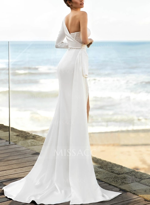 Sheath/Column One-Shoulder Long Sleeves Wedding Dresses With Split Front