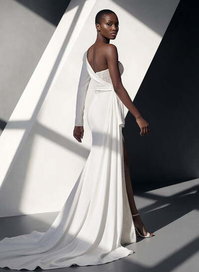 Sheath/Column One-Shoulder Long Sleeves Wedding Dresses With Split Front