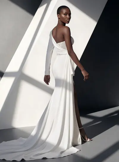 Sheath/Column One-Shoulder Long Sleeves Wedding Dresses With Split Front