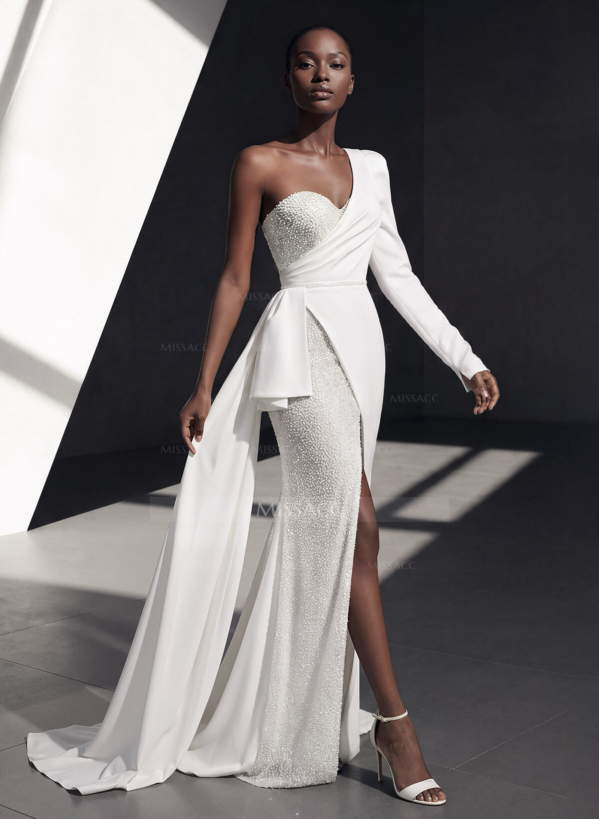 Sheath/Column One-Shoulder Long Sleeves Wedding Dresses With Split Front