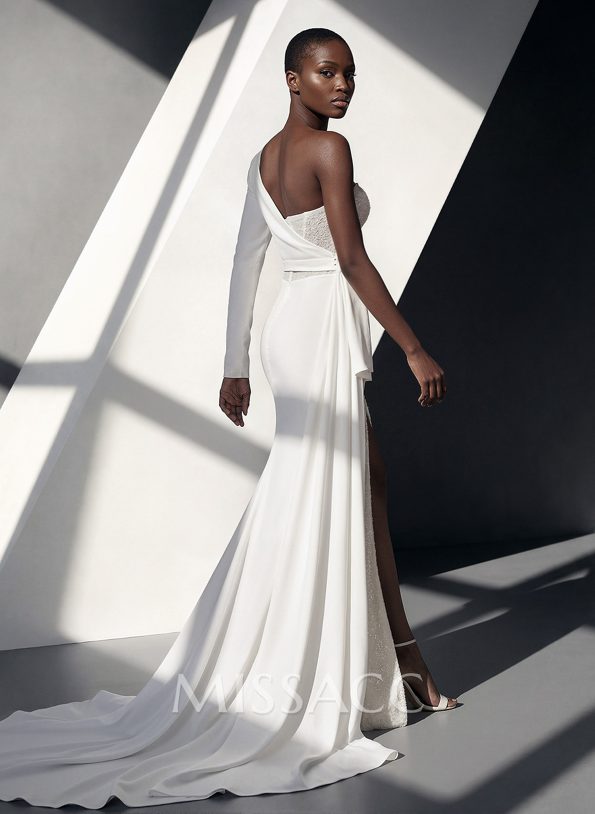 Sheath/Column One-Shoulder Long Sleeves Wedding Dresses With Split Front