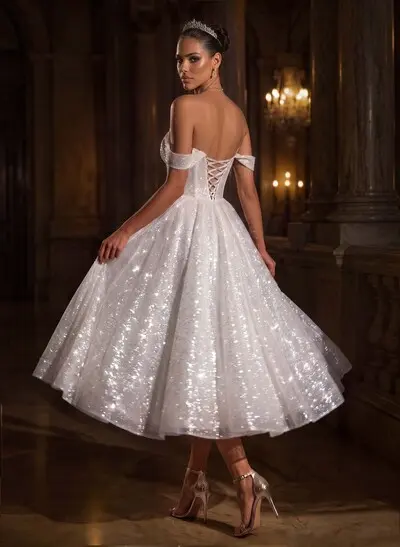 Sparkly Sequined Tea-Length Wedding Dresses