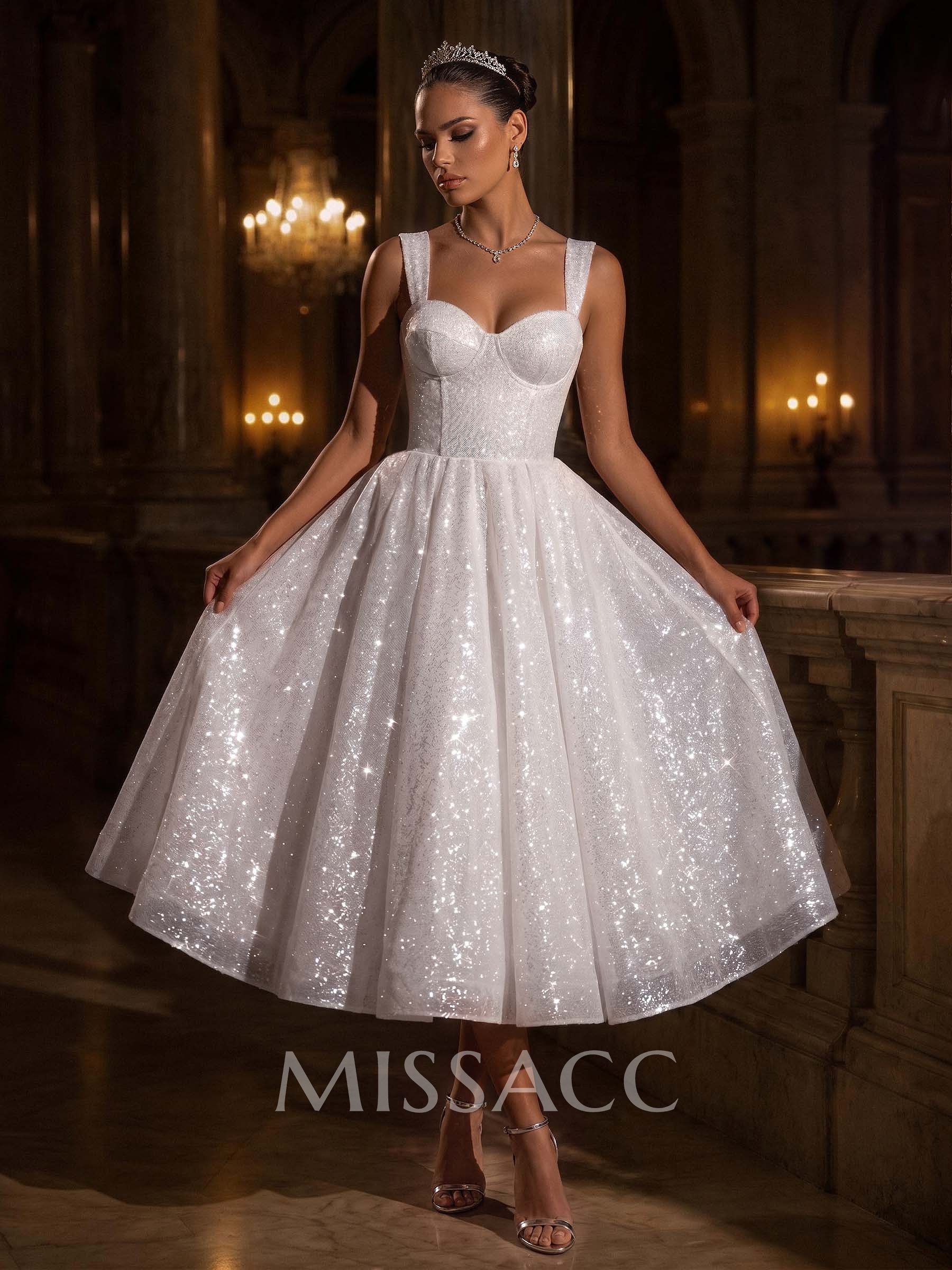Sparkly Sequined Tea-Length Wedding Dresses Sparkly Sequined Tea-Length Wedding Dresses