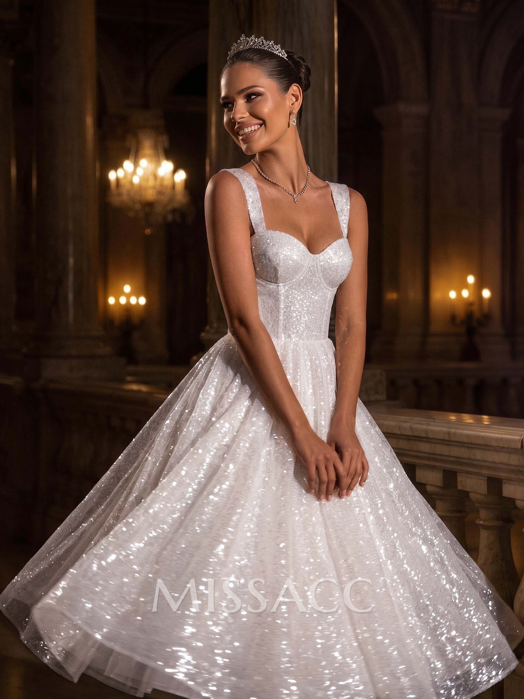 Sparkly Sequined Tea-Length Wedding Dresses Sparkly Sequined Tea-Length Wedding Dresses