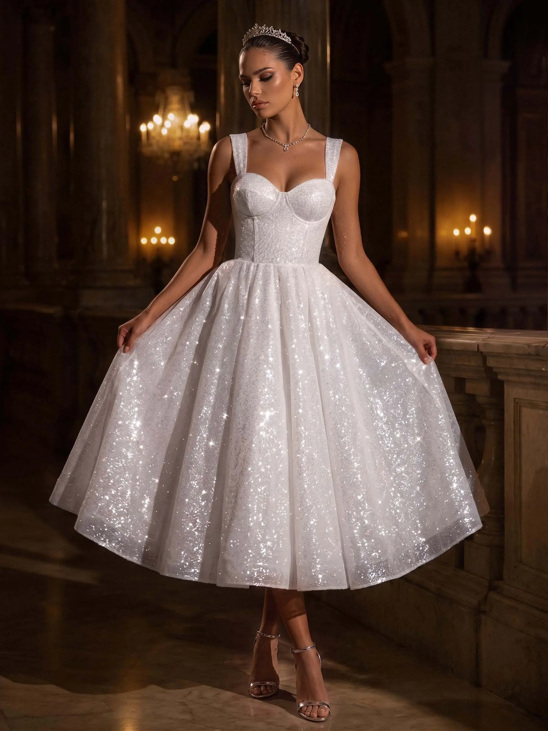 Sparkly Sequined Tea-Length Wedding Dresses Sparkly Sequined Tea-Length Wedding Dresses