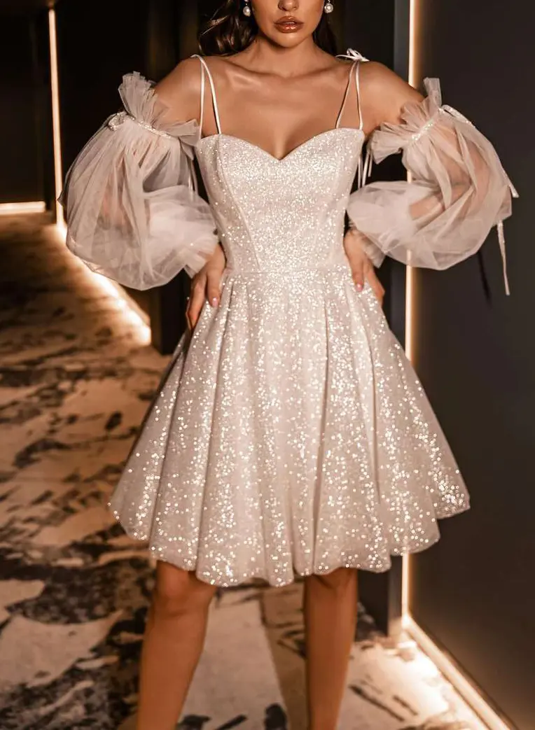 Sequined Detachable Long Sleeves Short Wedding Dresses Sequined Detachable Long Sleeves Short Wedding Dresses