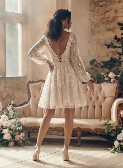 Long Sleeves V-Neck Sparkly Knee-Length Wedding Dresses