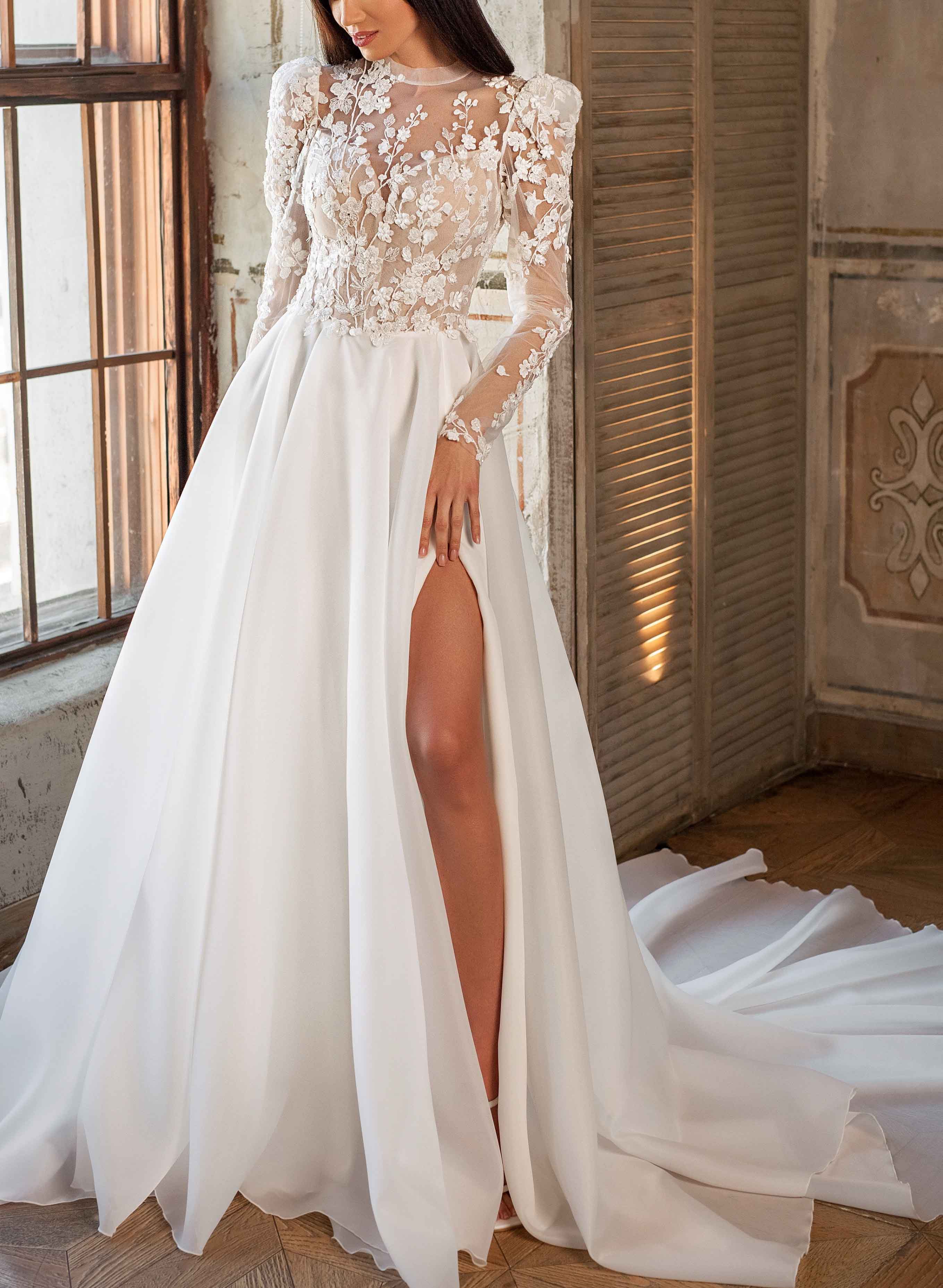 Lace Long Sleeves High Neck Wedding Dresses With Organza