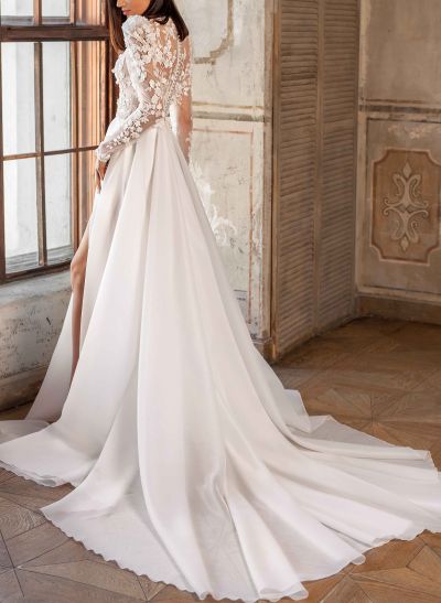 Lace Long Sleeves High Neck Wedding Dresses With Organza