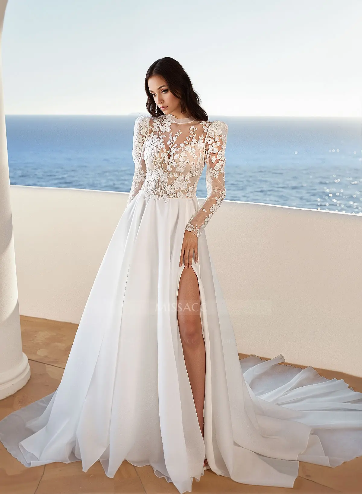 Lace Long Sleeves High Neck Wedding Dresses With Organza - Missacc UK