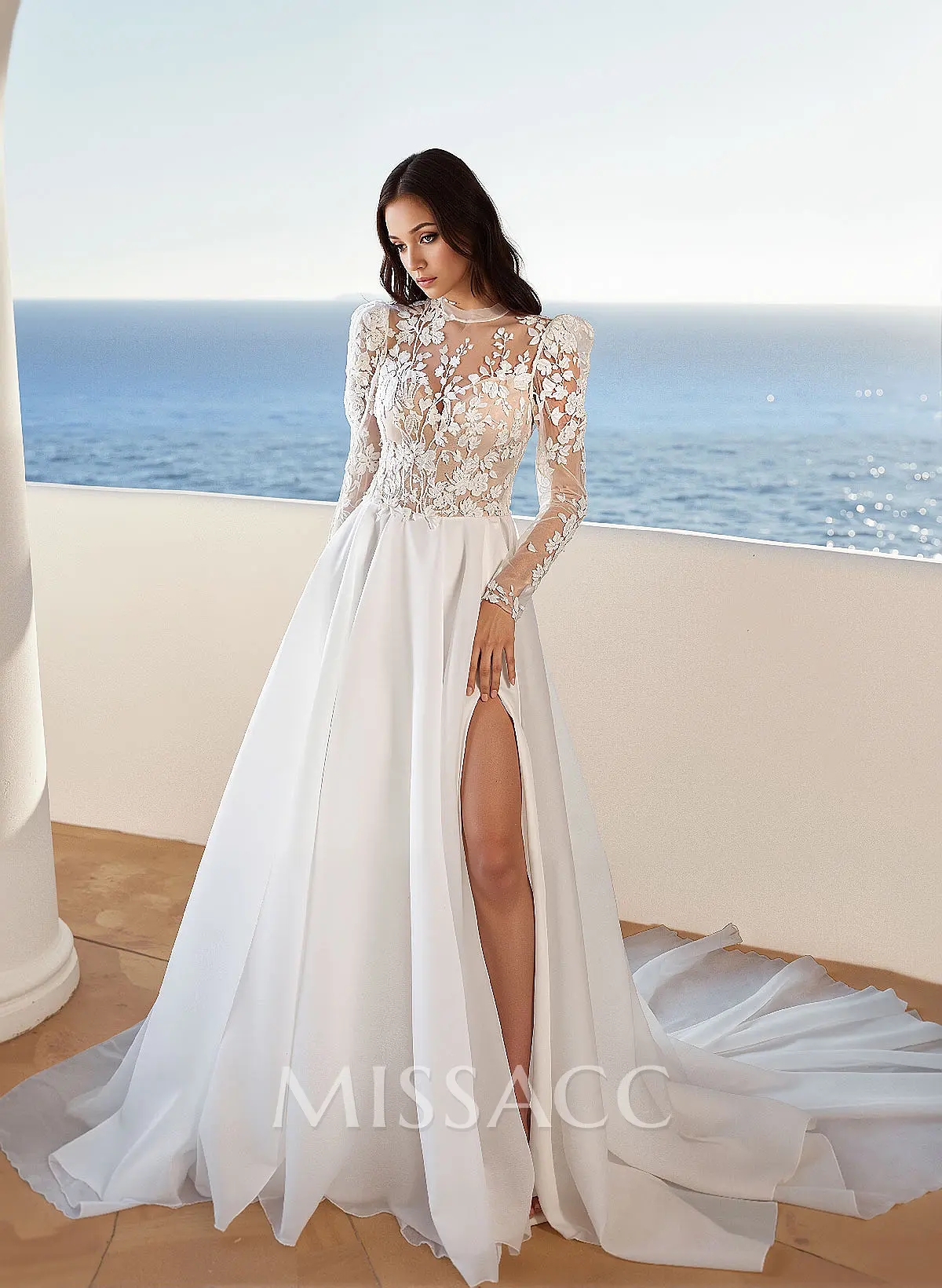 Lace Long Sleeves High Neck Wedding Dresses With Organza - Missacc Canada