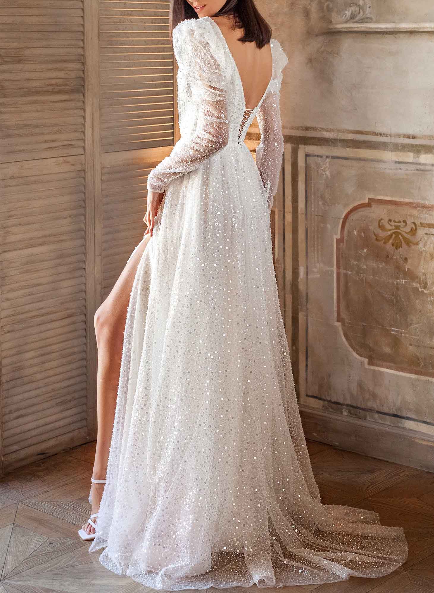 Long Sleeves Sparkly Sequined Wedding Dresses With Split Front