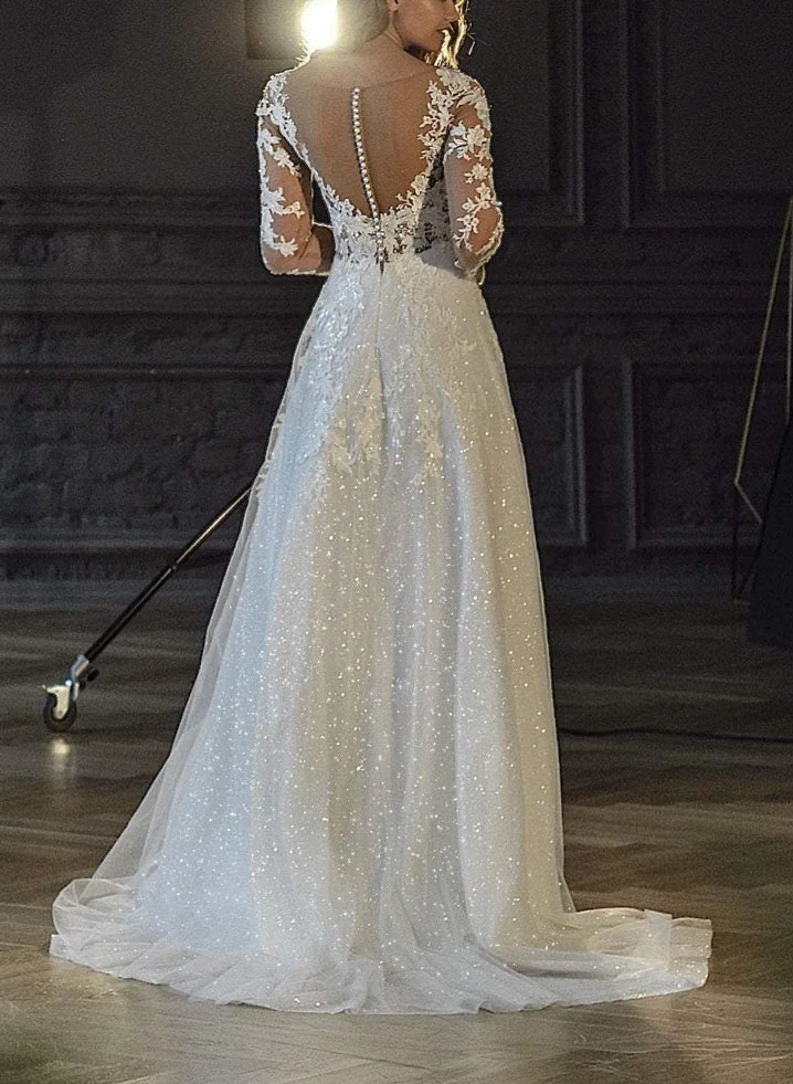 Long Sleeves Lace Sparkly V-Neck Wedding Dresses