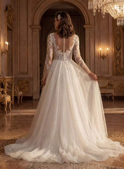 Long Sleeves Lace Sparkly V-Neck Wedding Dresses