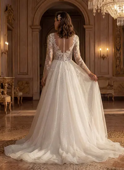 Long Sleeves Lace Sparkly V-Neck Wedding Dresses