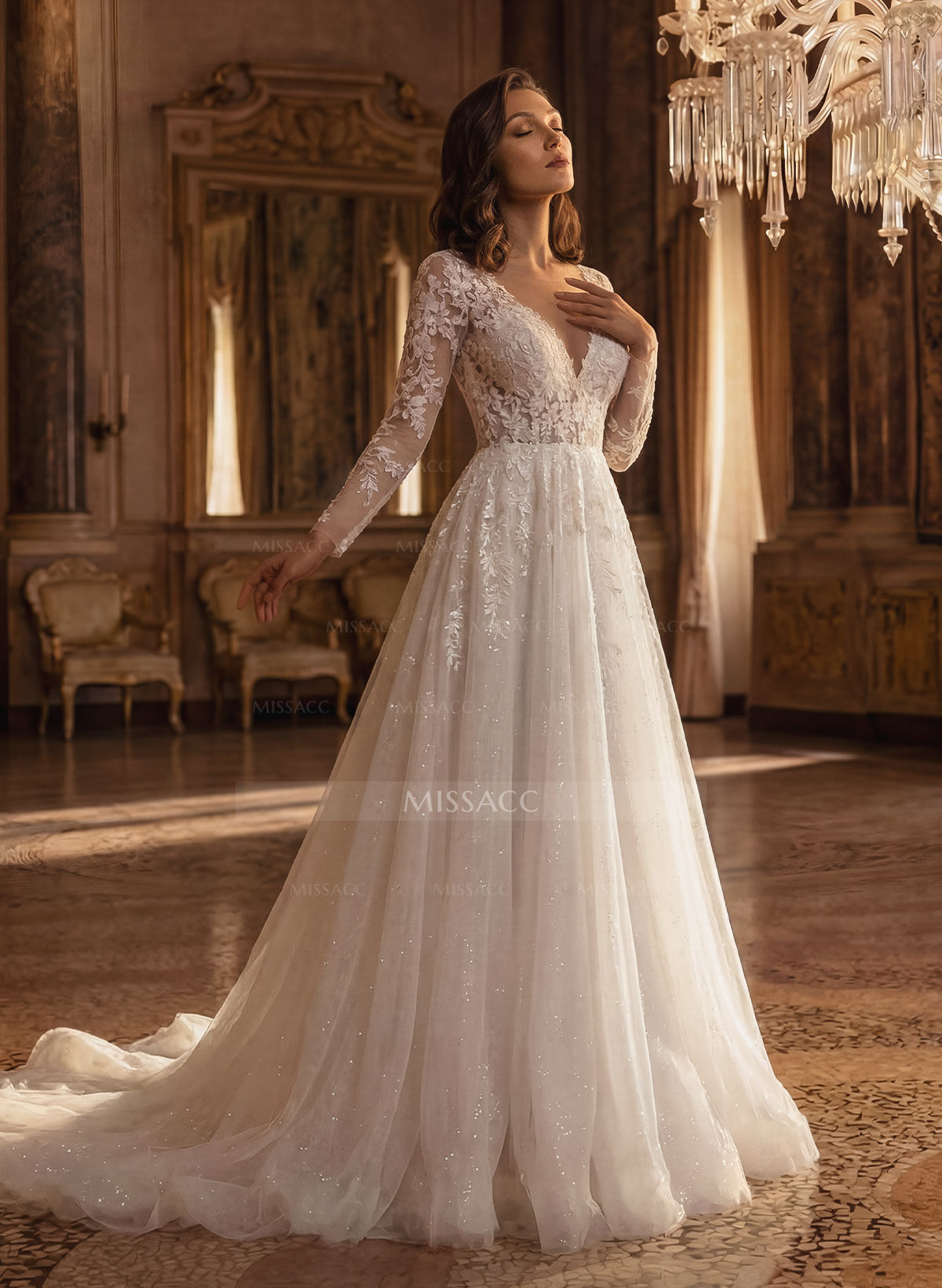 Long Sleeves Lace Sparkly V-Neck Wedding Dresses