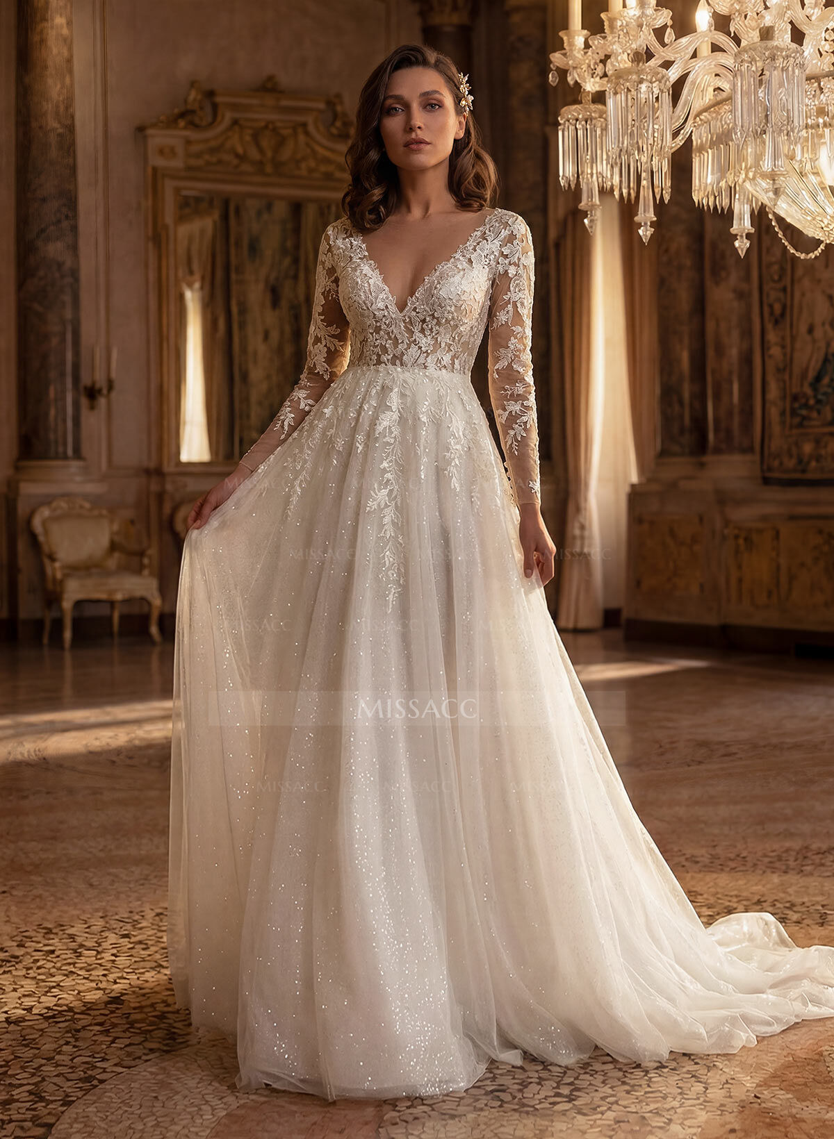Long Sleeves Lace Sparkly V-Neck Wedding Dresses