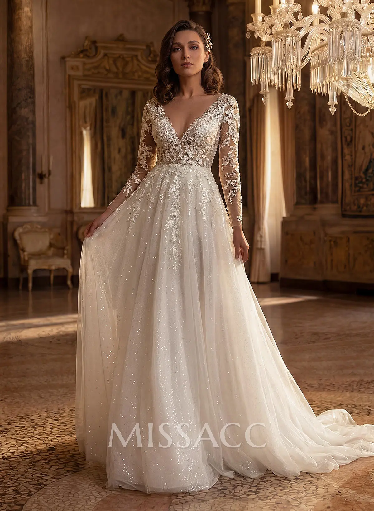 long sleeve v neck wedding dress V-Neck Sheath with a Midi Train HAREM's Brides beautifully contouring the body and enhancing your figure Wedding Dress Floor-Length Lace Long