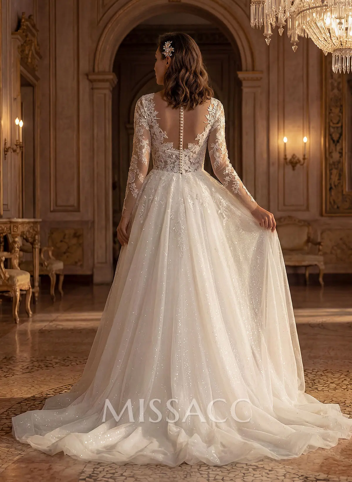 sparkly lace wedding dress Juliet JT2464AW Glitter Ruffle Skirt Long Court Train Neckline Floral Lace Bridal Gown With