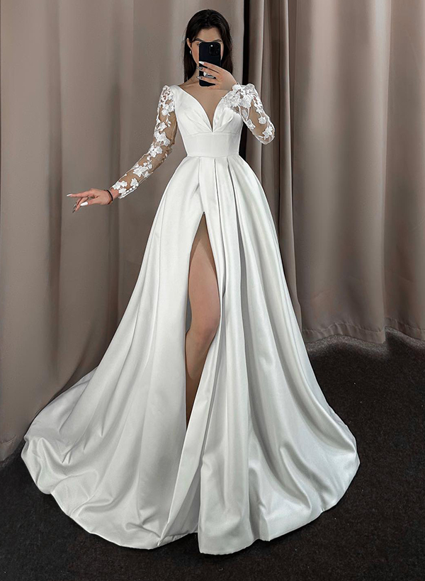 A-Line V-Neck Long Sleeves Lace/Satin Wedding Dresses With Split Front