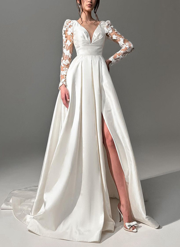 A-Line V-Neck Long Sleeves Lace/Satin Wedding Dresses With Split Front
