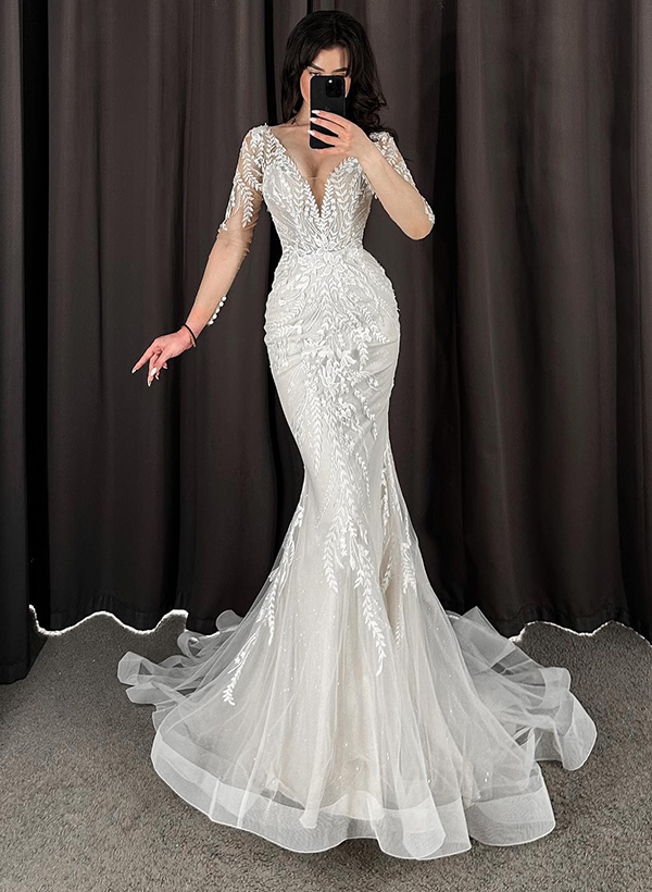 Trumpet/Mermaid V-Neck Long Sleeves Lace/Tulle Wedding Dresses