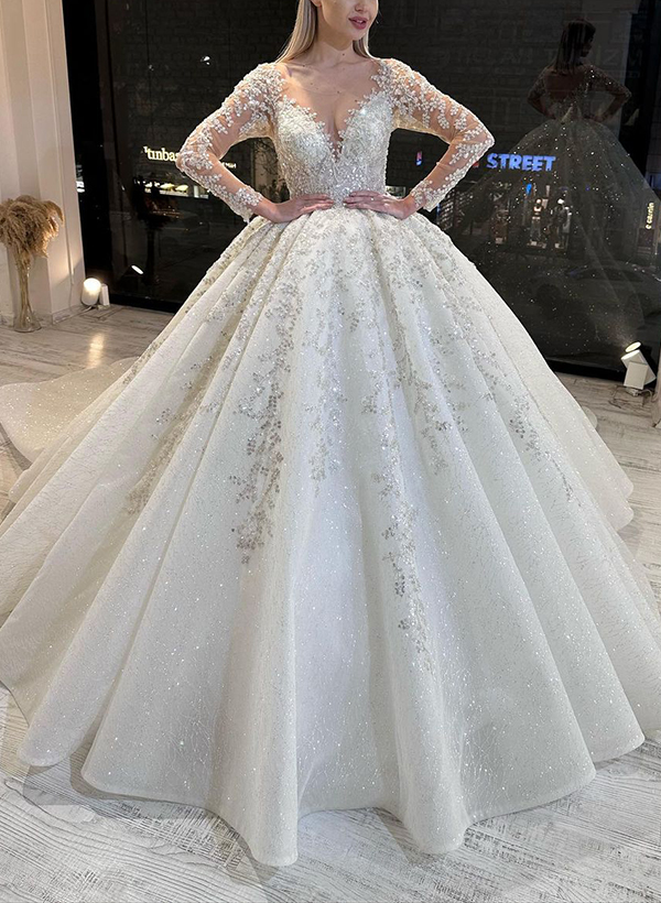 Ball-Gown Illusion Neck Long Sleeves Lace/Tulle Wedding Dresses