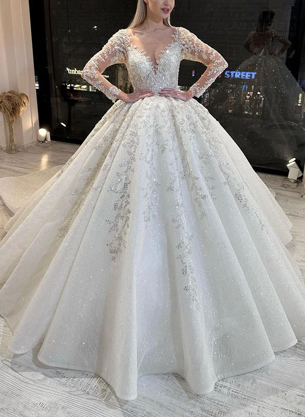 knee length dresses for ladies Illusion V-Neck Embroidered Mesh Long Wedding Gown main image 0