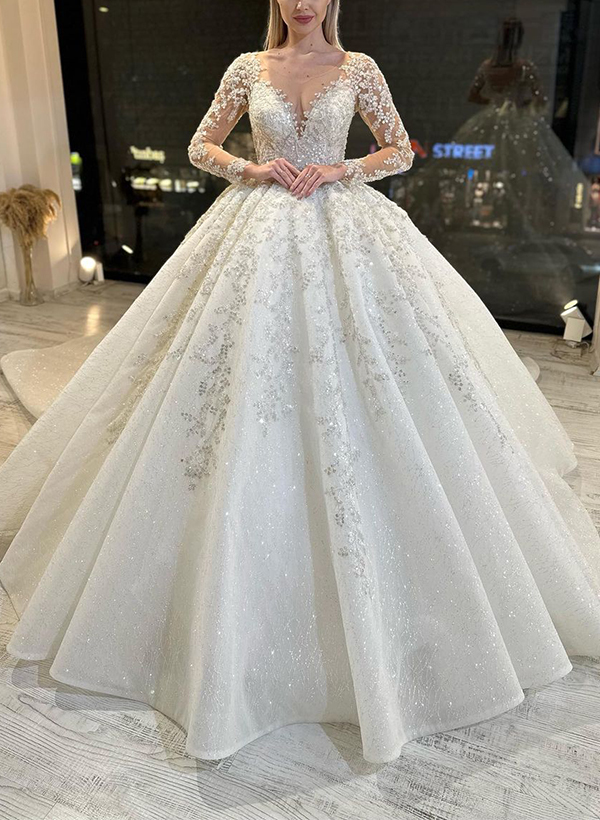 Ball-Gown Illusion Neck Long Sleeves Lace/Tulle Wedding Dresses