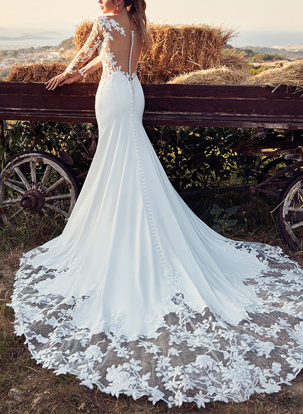 Trumpet/Mermaid Illusion Neck Long Sleeves Wedding Dresses With Appliques Lace