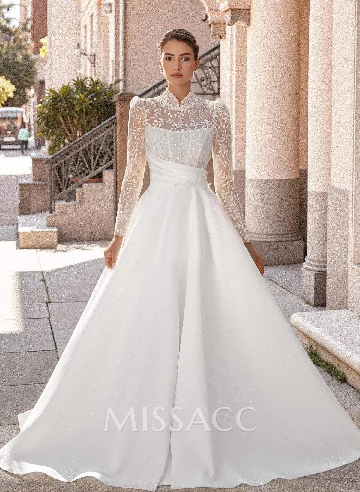 Lace High Neck Long Sleeves Ball-Gown Wedding Dresses - Missacc