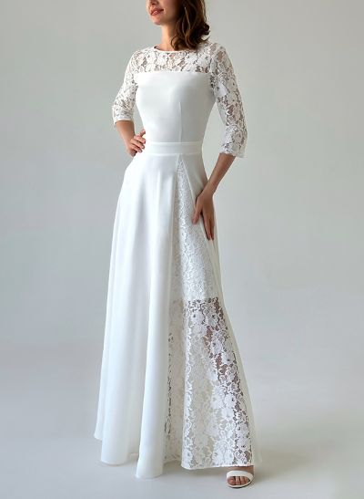 A-Line Scoop Neck 3/4 Sleeves Floor-Length Lace Wedding Dresses