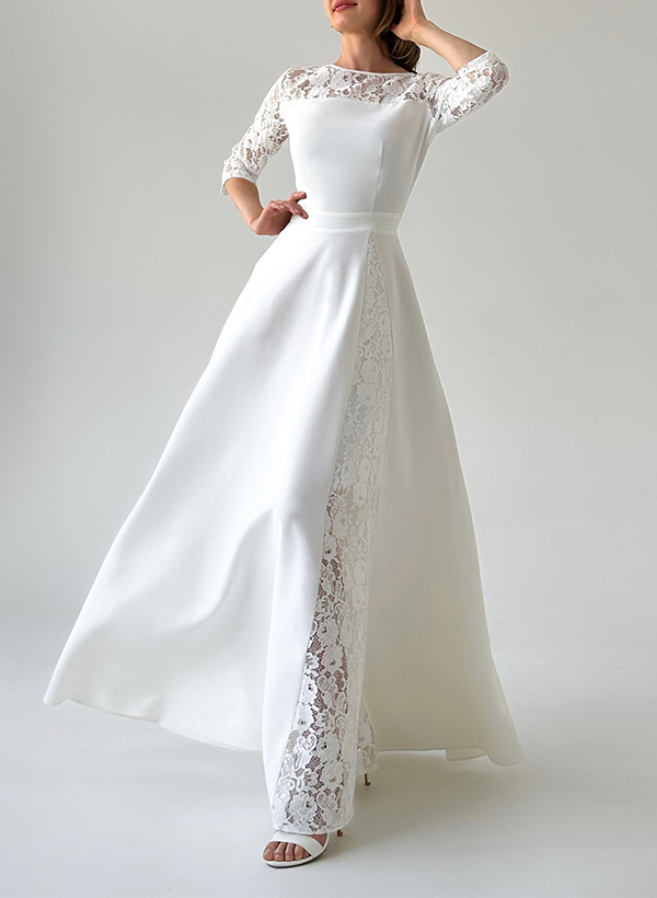 A-Line Scoop Neck 3/4 Sleeves Floor-Length Lace Wedding Dresses
