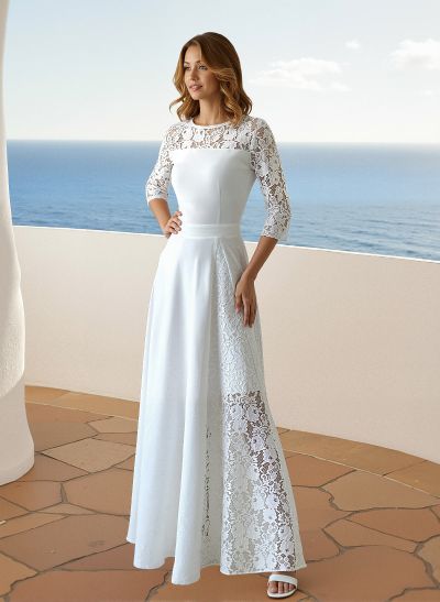 A-Line Scoop Neck 3/4 Sleeves Floor-Length Lace Wedding Dresses