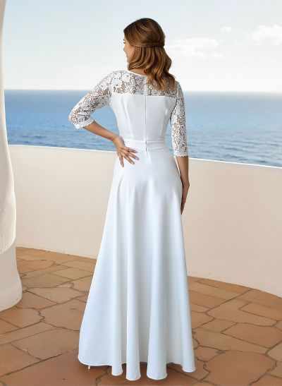 A-Line Scoop Neck 3/4 Sleeves Floor-Length Lace Wedding Dresses