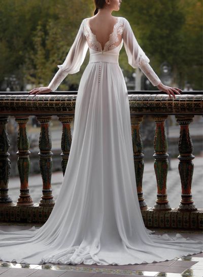 A-Line Illusion Neck Long Sleeves Wedding Dresses With Split Front