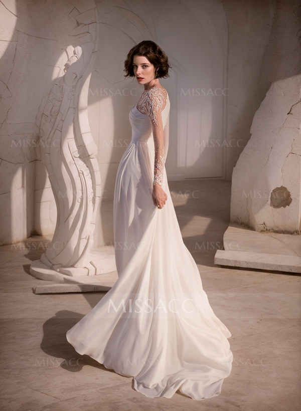 A-Line Scoop Neck Long Sleeves Sweep Train Wedding Dresses With Split Front