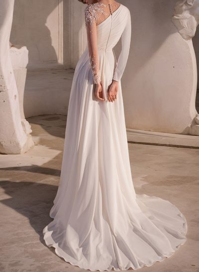 A-Line Scoop Neck Long Sleeves Sweep Train Wedding Dresses With Split Front