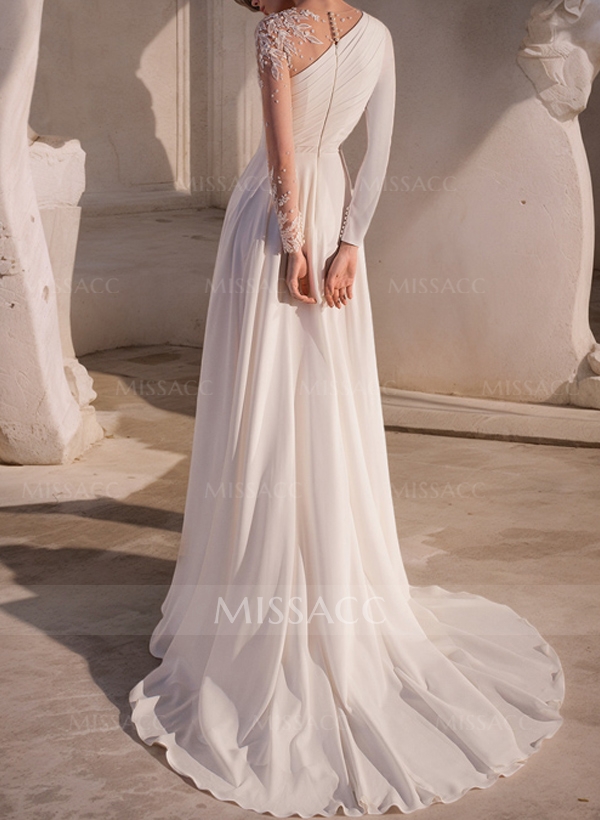 A-Line Scoop Neck Long Sleeves Sweep Train Wedding Dresses With Split Front