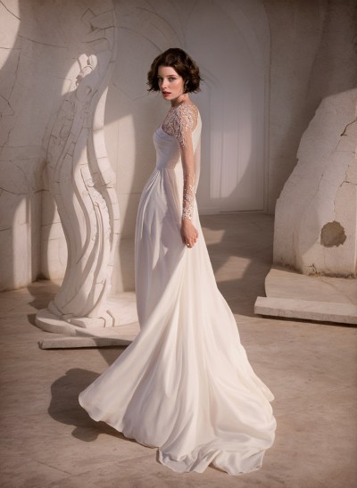 A-Line Scoop Neck Long Sleeves Sweep Train Wedding Dresses With Split Front