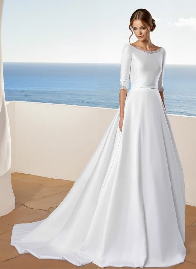 Classic Satin Ball-Gown Wedding Dresses With Beading